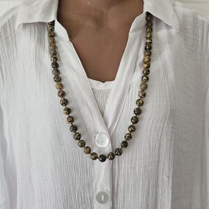 Leopard Skin Jasper Stone Bead Hand Knotted Necklace 8mm Vintage 32"